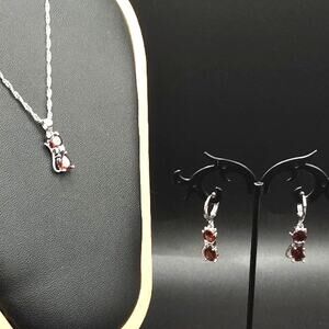 925 Silver CZ Red Ruby Cat Necklace Earrings Set Valentines Anniversary Gift NEW